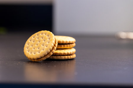 A portrait of tasty round cookies stacked on top of each other with one fallen off on a kitchen counter. The delicious snack has a biscuit on each side and is filled with chocolate cream.の写真素材