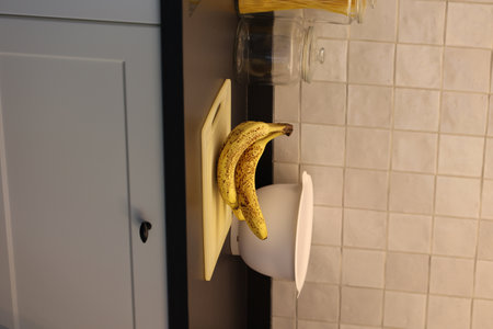A portrait of a bunch of yellow bananas with brown spots lying on a white plastic cutting board on a black kitchen countertop. The delicious energizing food is ready to eat and ideal before sport.の写真素材
