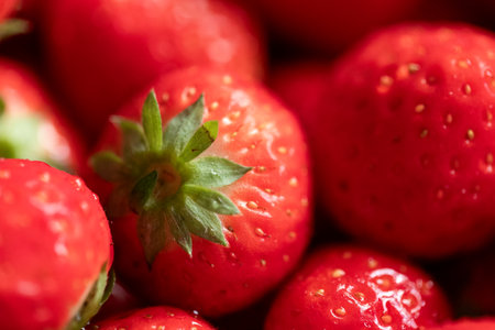 A macro portrait of a fresh, ripe strawberries with vivid red color and green leaves, showcasing their juicy texture and natural beauty. The delicious fruit is ready to eat.の写真素材