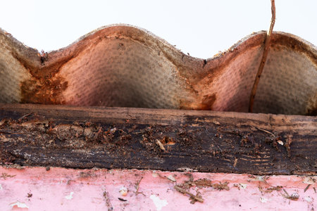 A macro of an asbestos corrugated sheet lying on a roof of a garden house. The dangerous material should be safely removed by a certified remover.の写真素材