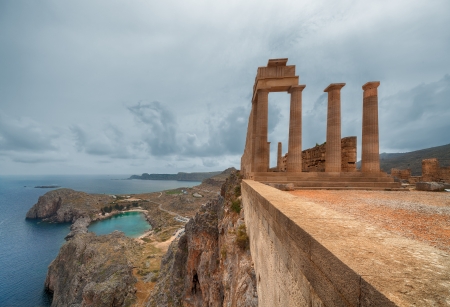 Picturesque view of Lindos St Pauls Bay from Acropolis, Rhodes, Greeceの写真素材