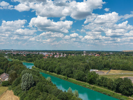 Aerial view of Misburg in Hanover, on the shore of the Midland Canal to Lower Saxony.の写真素材