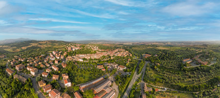 Aerial view Orcia Valley in Tuscany with the beautiful village of San Quirico