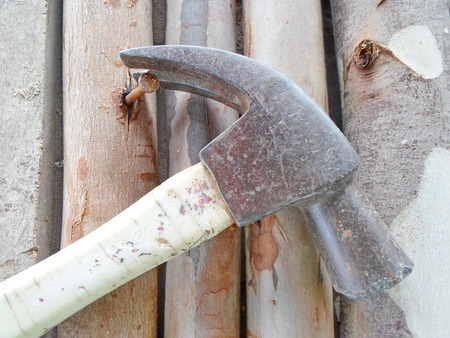 Drop the hammer on wood with nails stuck.の写真素材