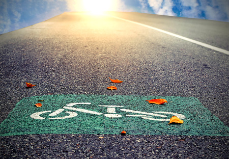 The symbol of the bike lane on the street. There is a sky, orange light and the sun as the...