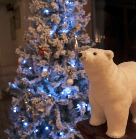 polar bear toy by a christmas treeの写真素材