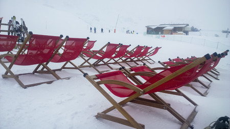 Val Thorens, France -  January  16, 2015: Showing some deckchairs at the Val Thorens Ski Resortのeditorial素材
