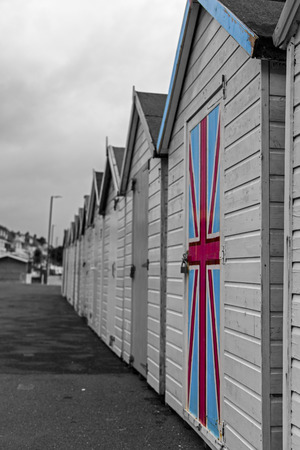 Paignton, Devon, UK, JULY 8 2015 - Showing beach huts on the Paignton seafrontのeditorial素材