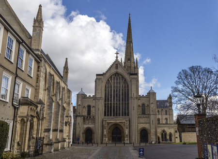 Norwich, Northfolk, UK, March 30th 2016 - Showing the Norwich Cathedral catholic church, Showing the extior of the church on a sunny day in March 2016のeditorial素材