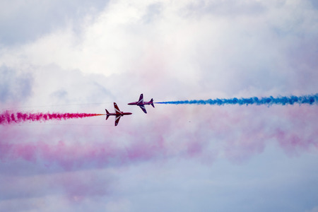 Torquay, Devon, UK, 12 June 2016 Showing the various formations of the RAF Red Arrows air display at...