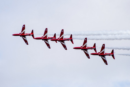 Torquay, Devon, UK, 12 June 2016 Showing the various formations of the RAF Red Arrows air display at...