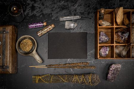 Esoteric, mystique and magic flat lay with copy space - Sorcery and alchemy