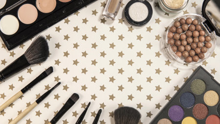 Flat lay of make up and beauty cosmetic productsの写真素材