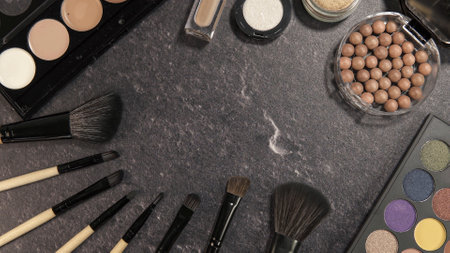 Flat lay of make up and beauty cosmetic productsの写真素材