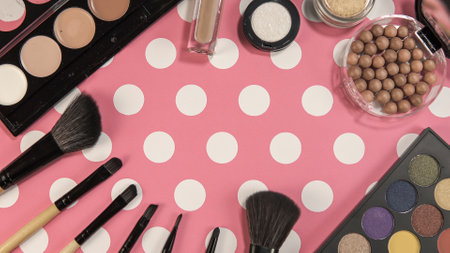 Flat lay of make up and beauty cosmetic productsの写真素材