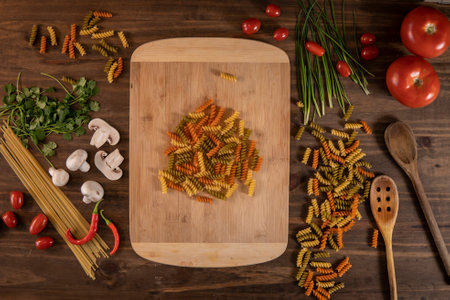 Flat lay of vegetables and pasta and a chopping table over a wooden tableの写真素材