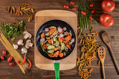 Flat lay of vegetables and food and a frying pan with food over a wooden tableの写真素材