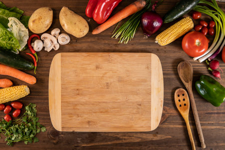 Flat lay of vegetables and food and a chopping table over a wooden tableの写真素材