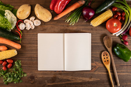 Flat lay of vegetables and food and an empty notebook over a wooden tableの写真素材