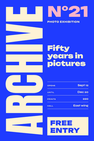 Cobalt and cream duotone exhibition poster with vertical giant word, number, headline and a ruled information grid.