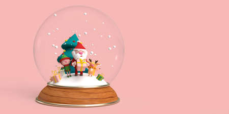 3d illustration of a smiling Santa Claus with gifts and a Christmas treeの写真素材