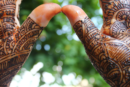 beautifully decorated indian hands with mehandi typically done for weddingsの写真素材