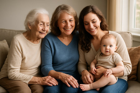 Four Generations of Women Sharing a Loving Moment on a Cozy Sofaの素材