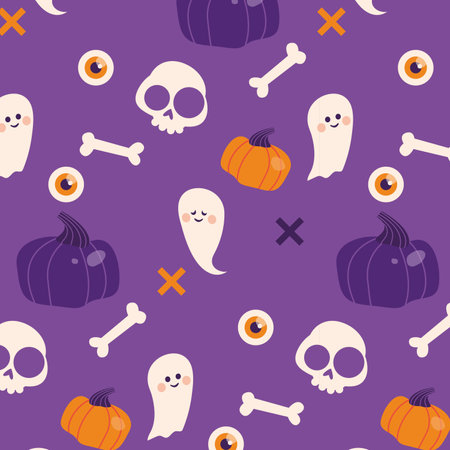 Happy halloween pattern for party invitation background. Orange, blue, and violet colors with ghost, pumpkins, bat, skull, eyes and other elements.の写真素材