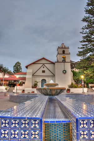 Fountain in front of the historic mission.の写真素材