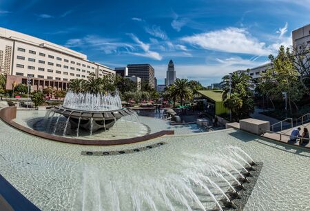 Grand Park in downtown Los Angeles, California showing flowing water in the fountains with city hall in the distance..  Photo taken on November 25, 2018.のeditorial素材
