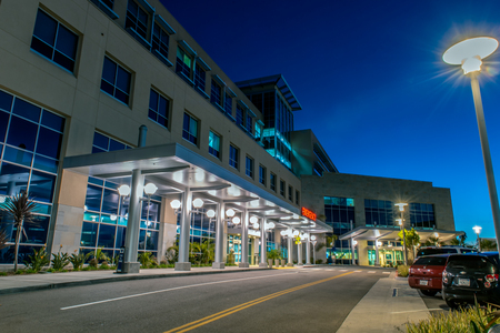 Newly opened Community Memorial Hospital emergency entrance with well lit driveway in Ventura, California, USA on December 26, 2018.のeditorial素材