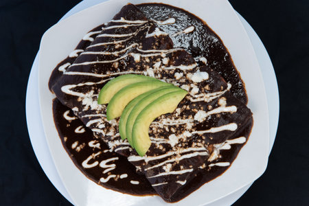 Overhead view of chicken enchiladas smothered in cheese and red sauce perfectly prepared on the grill with beans and avocado on the top.の写真素材