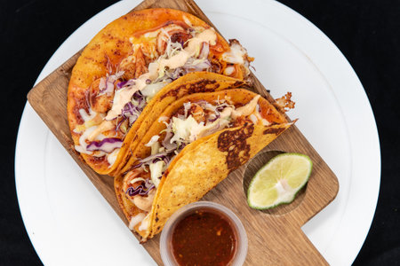 Overhead view of Mexican tacos encabronados served with shrimp on a wooden cutting board.の写真素材