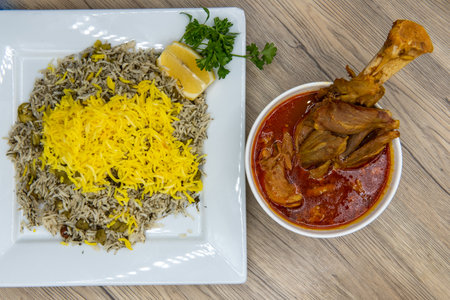 Overhead view of huge side order of basmati rice to compliment the lamb shank baghali polo stew.の写真素材