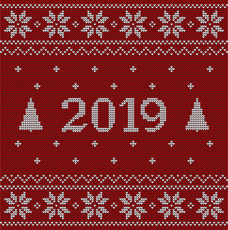Christmas red jumper fragment with 2019 New Year. Card of New Year 2019 with knitted texture. vector illustration for winter holiday, new years eveのイラスト素材