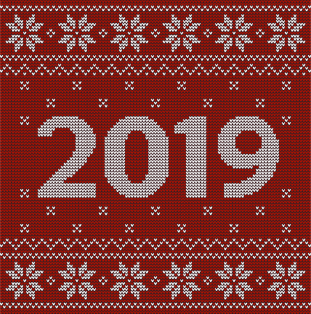 Christmas red jumper fragment with 2019 New Year. Card of New Year 2019 with knitted texture. vector illustration for winter holiday, new years eveのイラスト素材