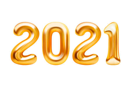 Happy New Year 2021. Background realistic golden balloons. Decorative design elements. Object render...