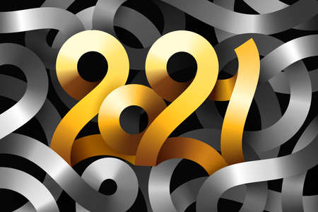 2021 numbers from gold ribbons on a background of silver ribbons