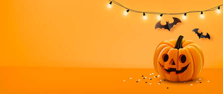 Halloween background with lamps light, pumpkin and Halloween Elements on orange color...