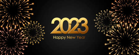 2023 New Year Golden numbers on black background with golden fireworks