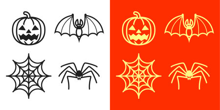 Halloween icon set in flat style. Halloween icon set isolated on white background. Perfect for coloring book, textiles, icon, web, painting, books, t-shirt print.のイラスト素材