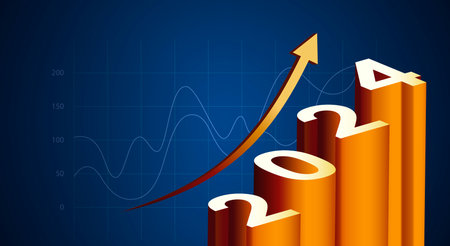 Creative concept resolution plan for 2024 new year. 2024 with upward stairs steps and success graph background.のイラスト素材