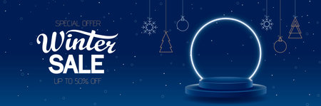 Promotional banner for final sale. Vector illustration with soaring podium and neon circle for decoration of sale event. Banner of final sale with 3d stage for presentation of products.のイラスト素材