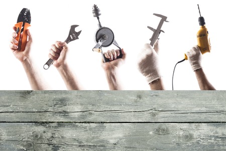 DIY tools set collage with copy space for text at wooden background isolated on white.の写真素材