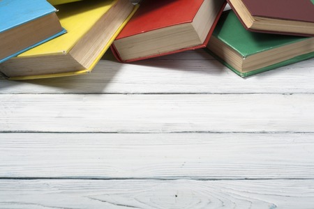 Stack of colorful books. Education background. Back to school. Copy space for textの写真素材