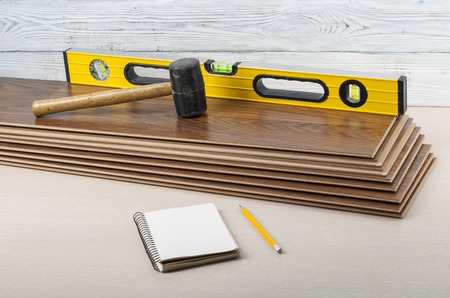 Tools for laining laminate flooring.Copy spase for text.の写真素材