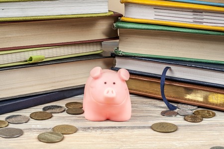 Pink piggy bank with books and coins on wooden background. Concept of funding education.の写真素材