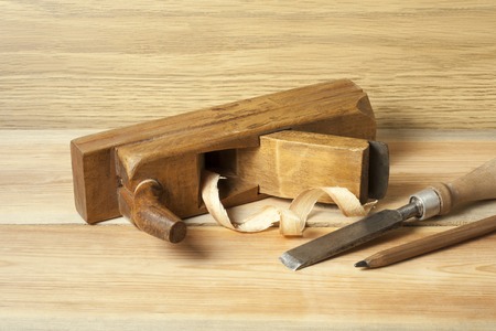 Carpentry concept.Joiner carpenter workplace. Construction tools on wooden table. Copy space for text.の写真素材