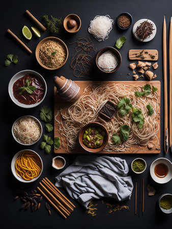A table topped with lots of different types of food, styled food photography, Pho Vietnamese Noodles Props AI generatedの素材