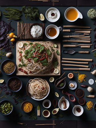 A table topped with lots of different types of food, styled food photography, Pho Vietnamese Noodles Props AI generatedの素材
